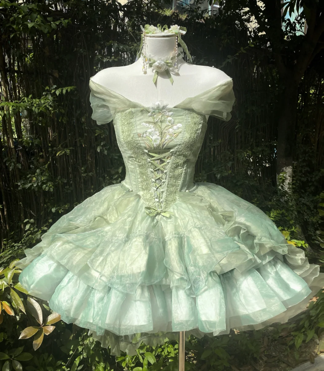 Cute Off-the-shoulder Short Ball Gown Tulle 18th Birthday Outfit Green Lolita Dresses DP3321