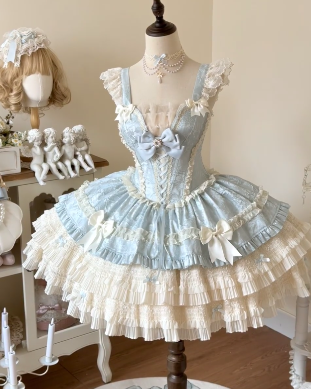 Sweet Strap Short Ball Gown Satin Chiffon Birthday Dresses Blue Lolita Dresses DP3323