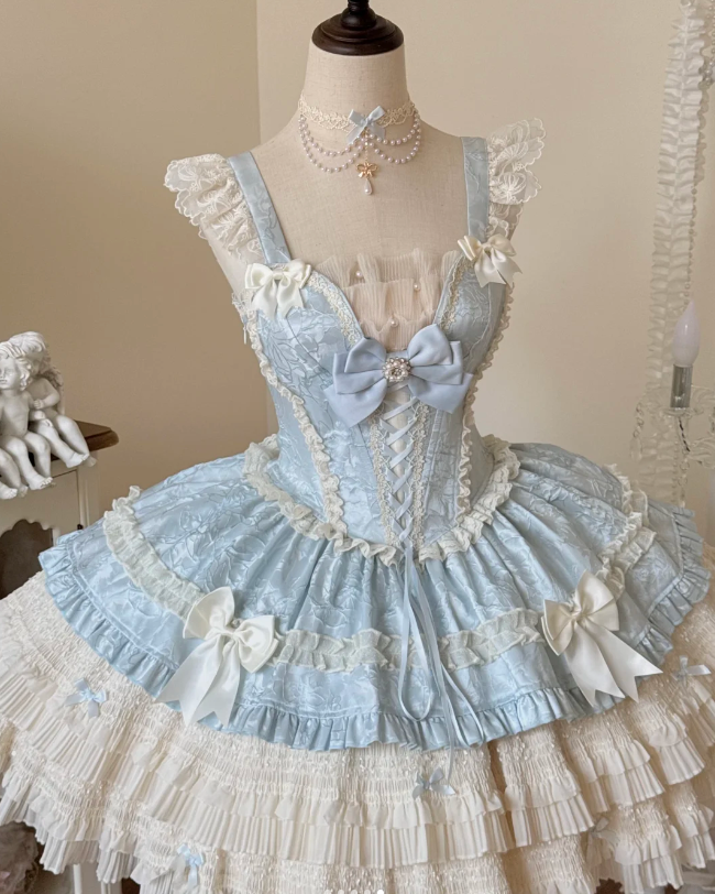 Sweet Strap Short Ball Gown Satin Chiffon Birthday Dresses Blue Lolita Dresses DP3323
