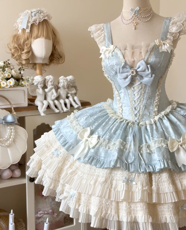 Sweet Strap Short Ball Gown Satin Chiffon Birthday Dresses Blue Lolita Dresses DP3323