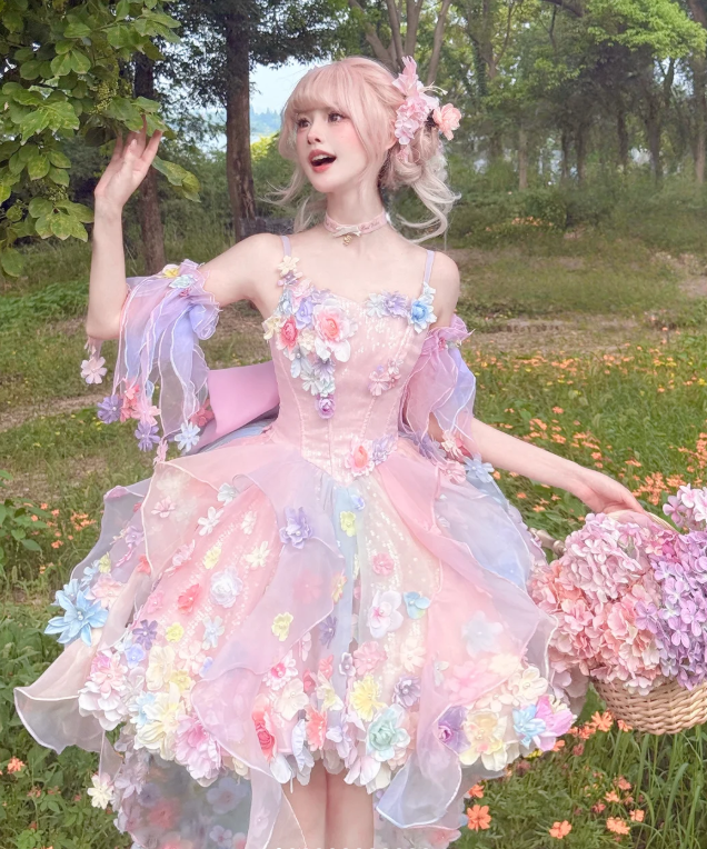 Fairy Spaghetti Strap Ball Gown Tulle Applique Birthday Dresses Pink Lolita Dresses DP3324