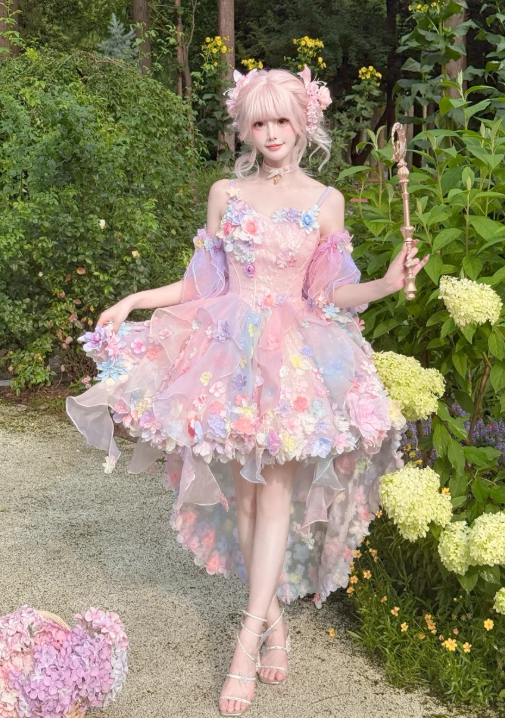 Fairy Spaghetti Strap Ball Gown Tulle Applique Birthday Dresses Pink Lolita Dresses DP3324