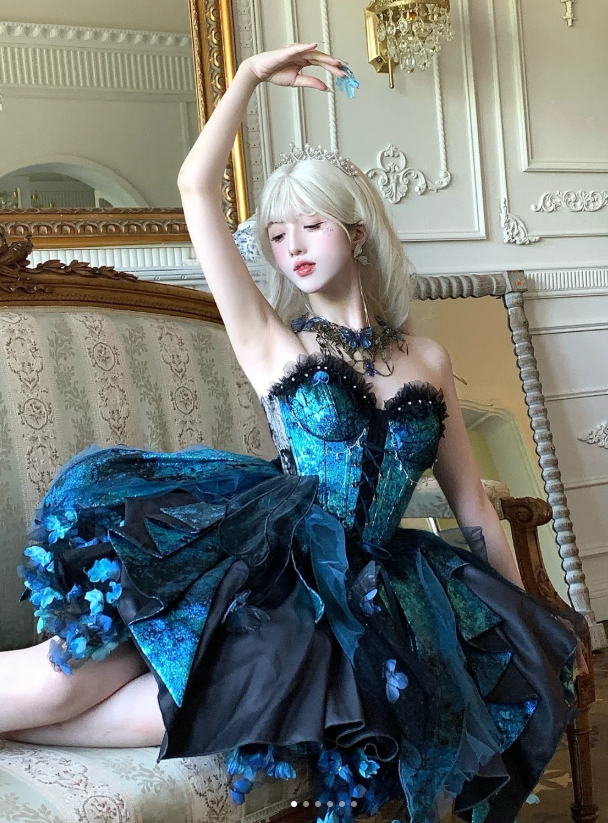 Fairy Sweetheart Neck Ball Gown Satin Applique Sleeveless Birthday Dresses Blue Lolita Dresses DP3325