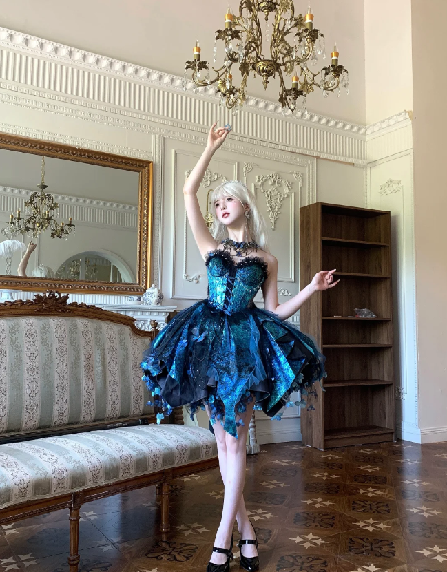 Fairy Sweetheart Neck Ball Gown Satin Applique Sleeveless Birthday Dresses Blue Lolita Dresses DP3325