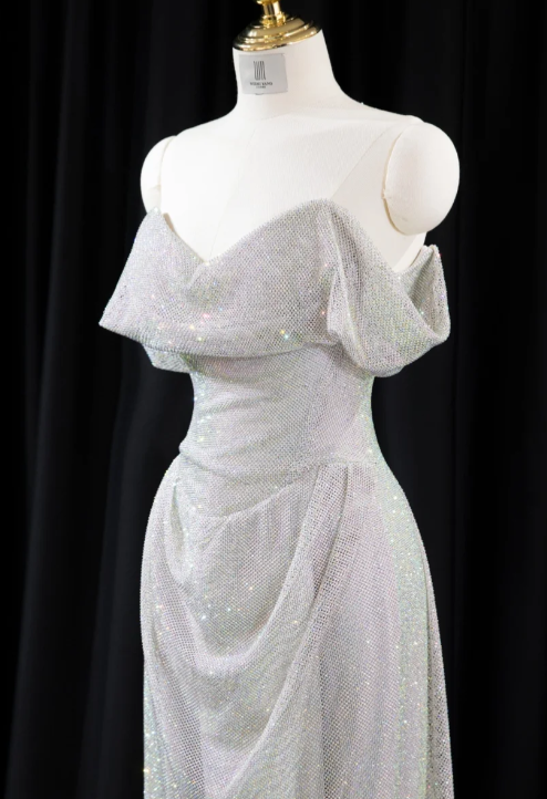 Glam Strapless Sheath Long Prom Dresses Net Silver Evening Dresses DP3336