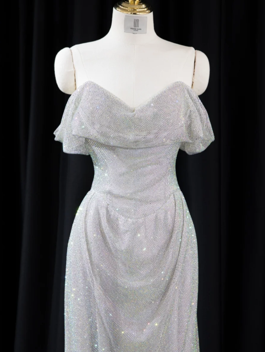 Glam Strapless Sheath Long Prom Dresses Net Silver Evening Dresses DP3336