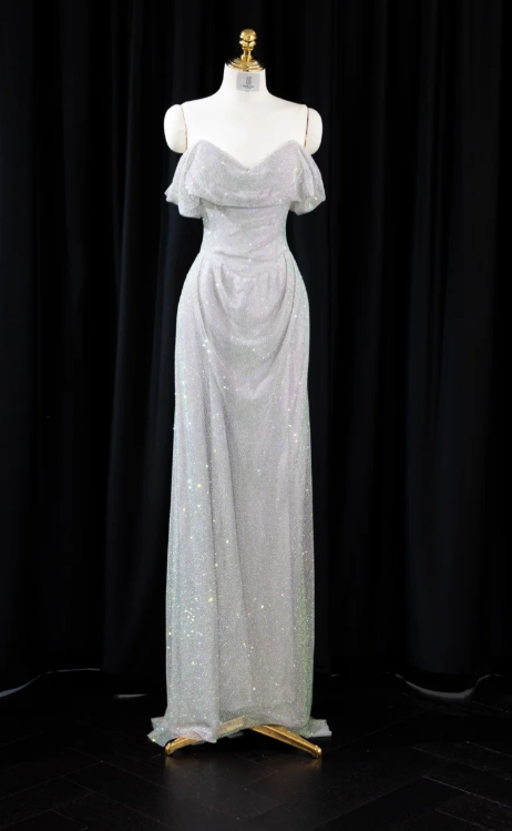 Glam Strapless Sheath Long Prom Dresses Net Silver Evening Dresses DP3336