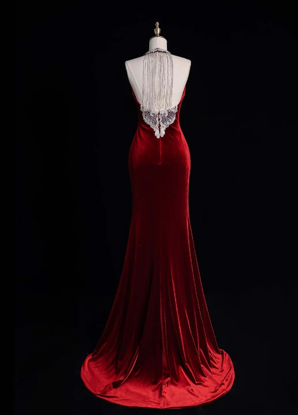 Elegant V-neck Sheath Long Prom Dresses Velvet Open Back Burgundy Evening Dresses DP3340