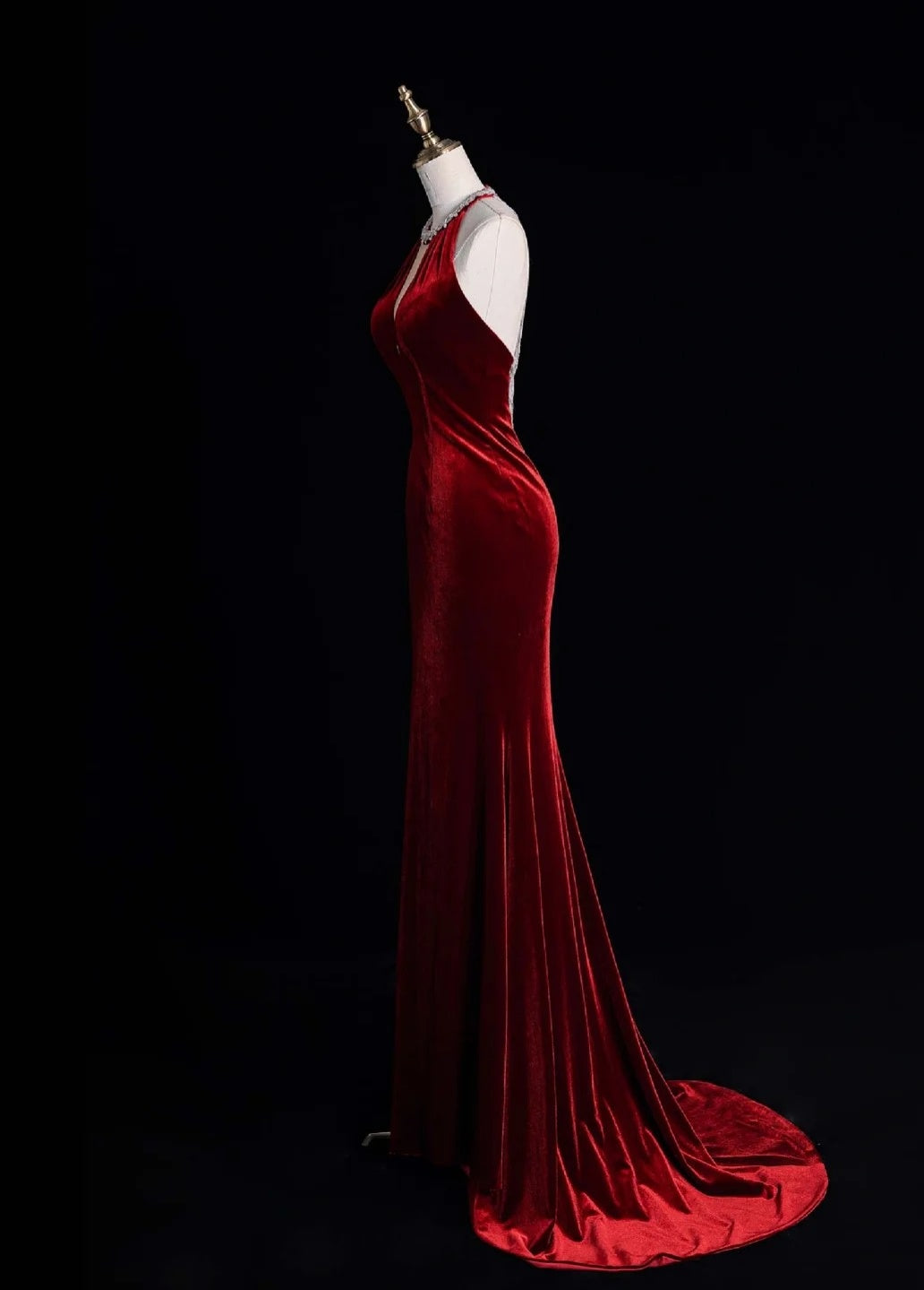 Elegant V-neck Sheath Long Prom Dresses Velvet Open Back Burgundy Evening Dresses DP3340