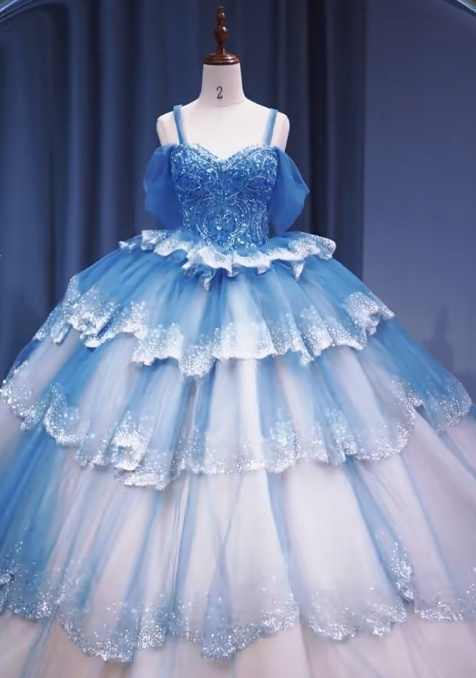 Gorgeous Off-the-Shoulder Ball Gown Tulle Long Prom Dresses Blue Quinceanera Dresses Sweet 16 Dresses DP3361