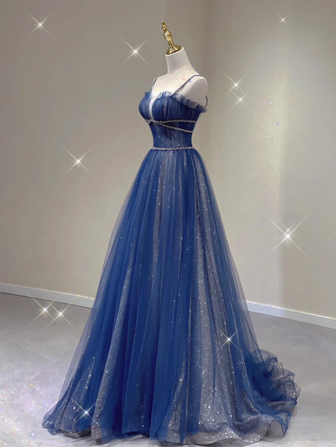 Pretty A Line Spaghetti Straps Blue Navy Blue Sleeveless Long Prom Dresses Evening Dresses DP340