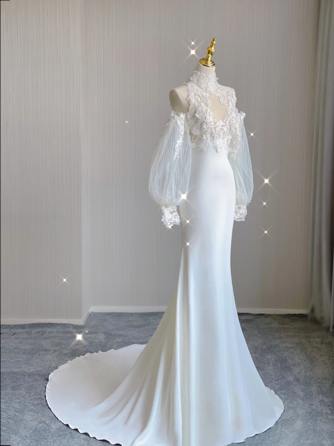 Classy Elegant Mermaid High Neckline Long Sleeves Lace Satin Wedding Dresses Brides Dress DP345