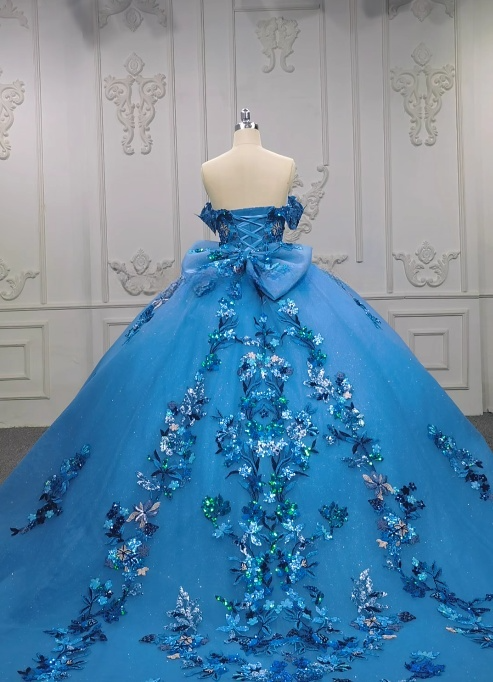 Gorgeous Off-the-Shoulder Ball Gown Tulle Long Prom Dresses Applique Blue Quinceanera Dresses Sweet 16 Dresses DP3364