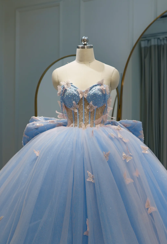 Cute Off-the-shoulder Ball Gown Tulle Long Prom Dresses Applique Blue Quinceanera Dresses Sweet 16 Dresses DP3365
