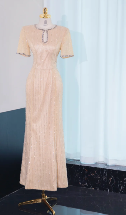 Elegant Jewel Sheath Mother of the Bride Dress Sequined Champagne Wedding Guest Dresses DP3369