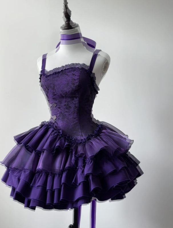 Cute Spaghetti Strap Ball Gown Tiered Chiffon Birthday Dresses Purple Lolita Dresses DP3680