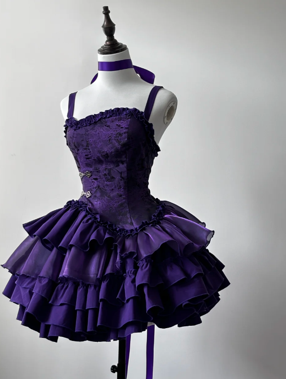 Cute Spaghetti Strap Ball Gown Tiered Chiffon Birthday Dresses Purple Lolita Dresses DP3680