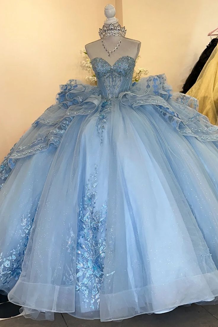 Fairy Sweetheart Neck Ball Gown Long Prom Dresses Tulle Applique Blue – DivineProm