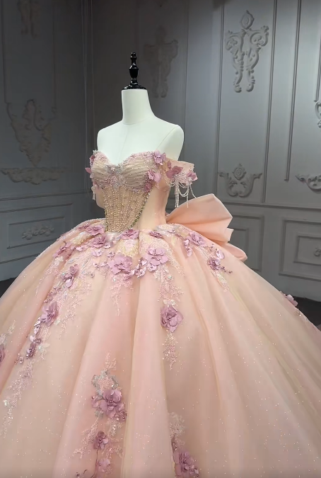 Fairy Off-the-Shoulder Ball Gown Long Prom Dresses Tulle Appliques Orange Pink Quinceanera Dresses Beading Sweet 16 Dresses DP3691