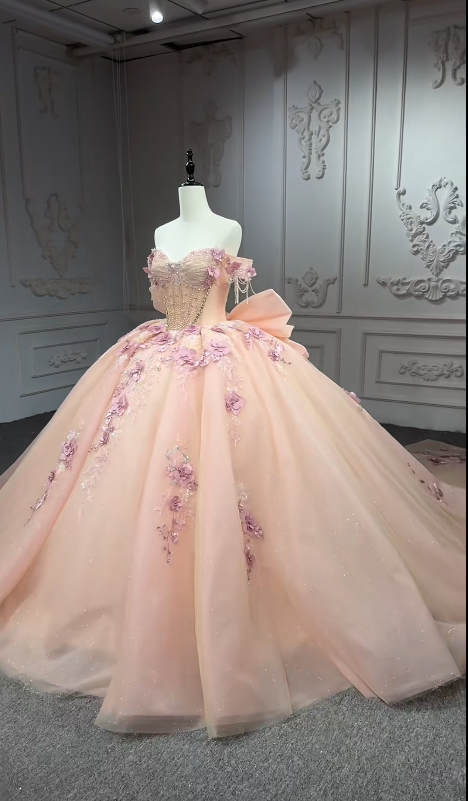 Fairy Off-the-Shoulder Ball Gown Long Prom Dresses Tulle Appliques Orange Pink Quinceanera Dresses Beading Sweet 16 Dresses DP3691