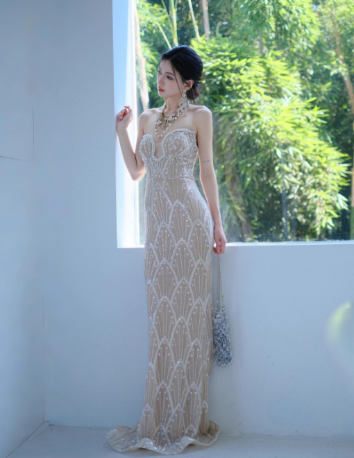 Sexy Sweetheart Sheath Long Prom Dresses Sequined Tulle Champagne Evening Dresses Sleeveless Formal Dresses DP3723