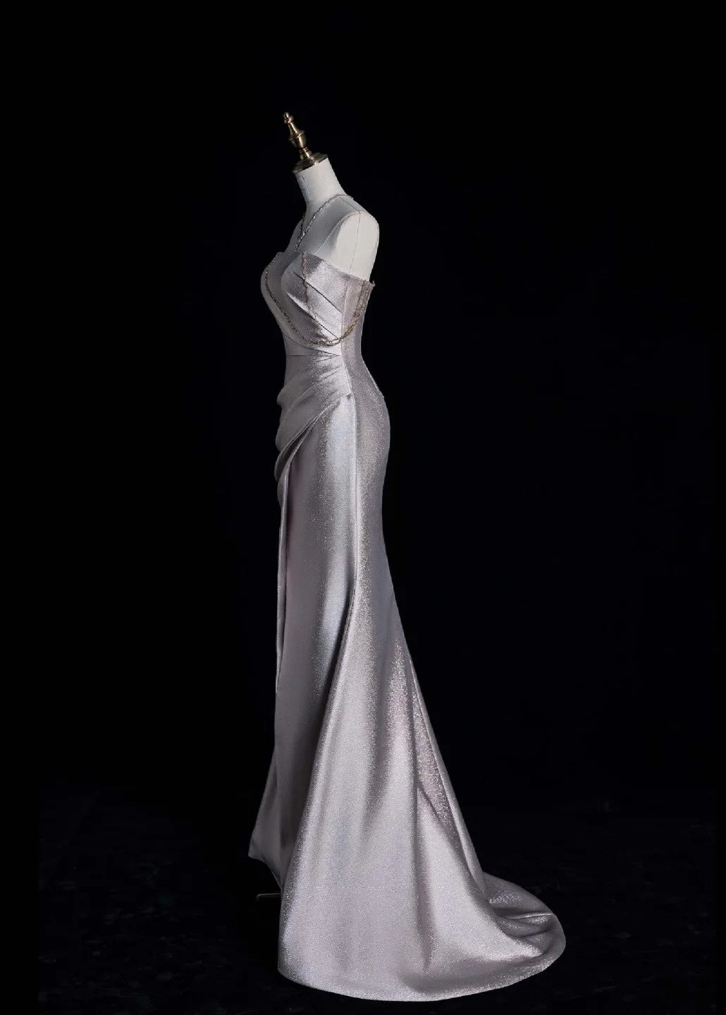 Elegant Spaghetti Strap Sheath Long Prom Dresses Satin Evening Dresses with Slits DP3727