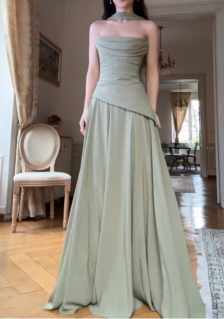 Elegant Strapless Sheath Green Long Formal Dresses Pleated Chiffon Green Wedding Guest Dresses DP3758