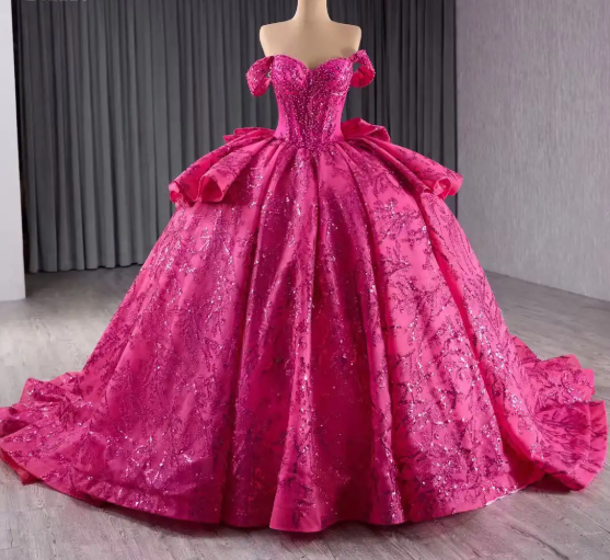 Fairy Off-the-shoulder Ball Gown Fuchsia Long Prom Dresses Tulle Applique Fuchsia Quinceaña Dresses Sweet 16 Dresses DP3778