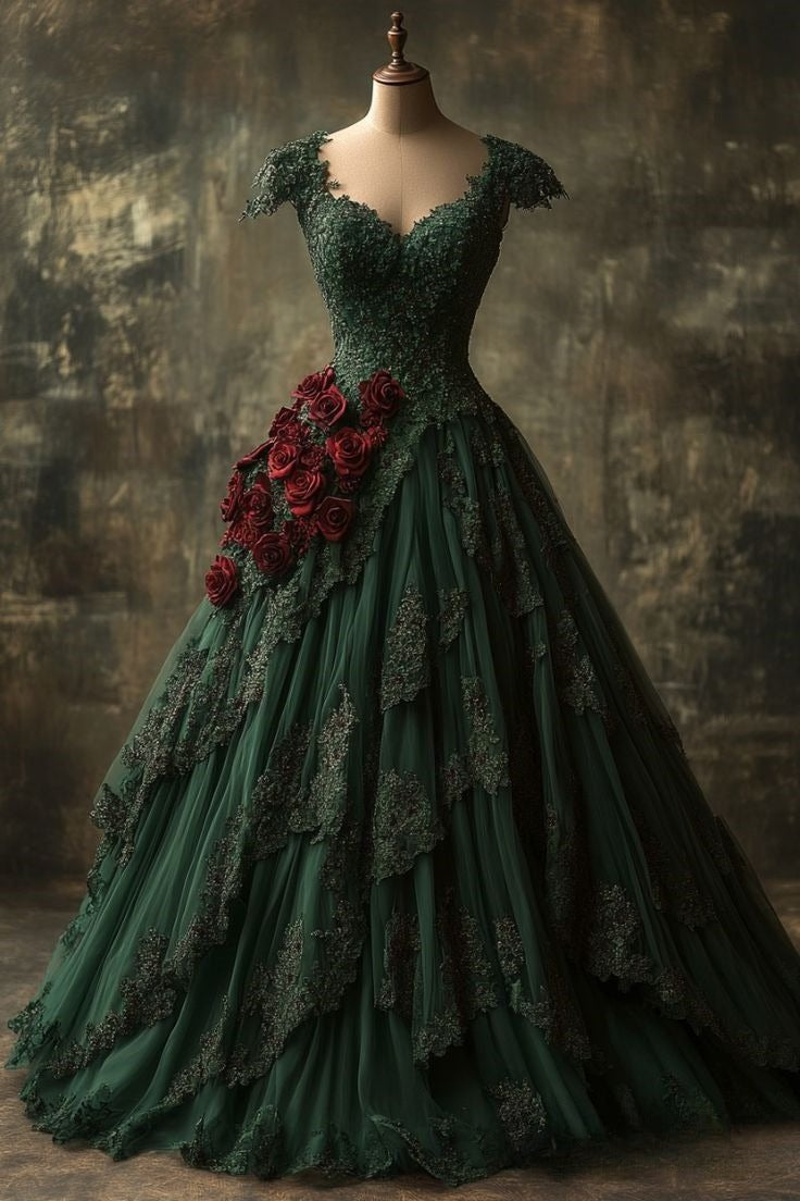 Court Style V-Neck Ball Gown Lace Tulle Long Prom Dresses Dark Green Quinceanera Dresses Sweet 16 Dresses DP3782