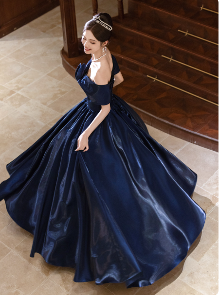 Elegant Cap Sleeve A-Line Prom Dress Satin Navy Blue Evening Gown DP3809
