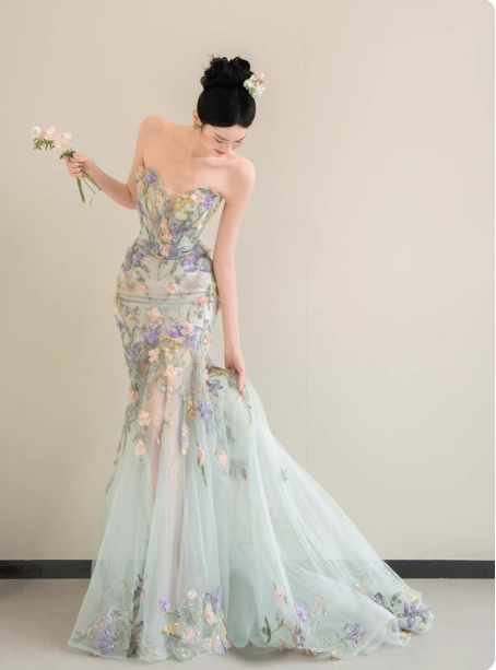 Fairy Mermaid Soft Green Long Prom Dresses Sweetheart Neck Tulle Applique Light Green Birthday Dresses DP3824