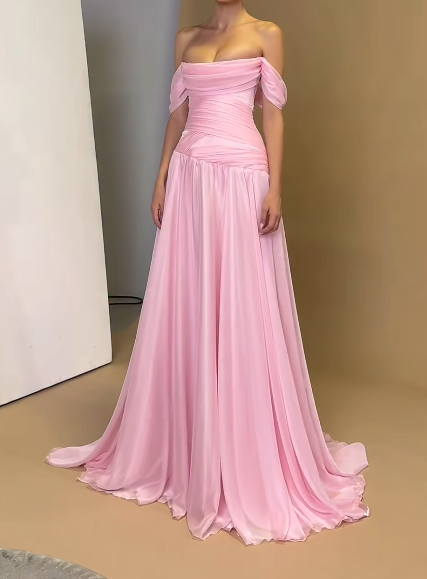 Chic Off-the-shoulder Sheath Pink Long Prom Dresses Chiffon Pleated Pink Evening Dresses DP3831