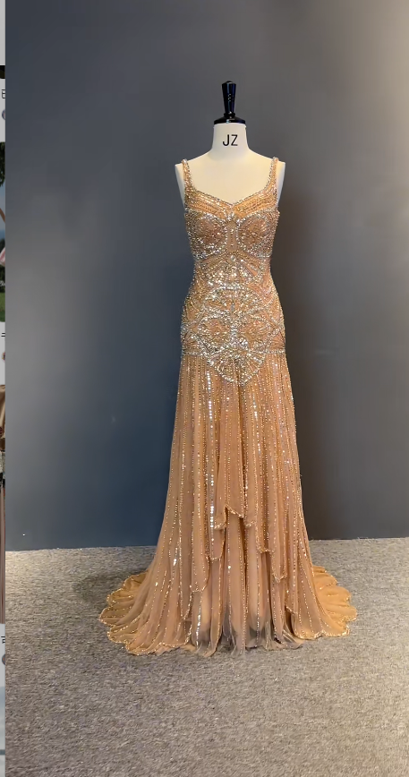 Chic Spaghetti Strap Sheath Light Orange Long Prom Dresses Sleeveless Beaded Tulle Light Orange Evening Dresses DP3835