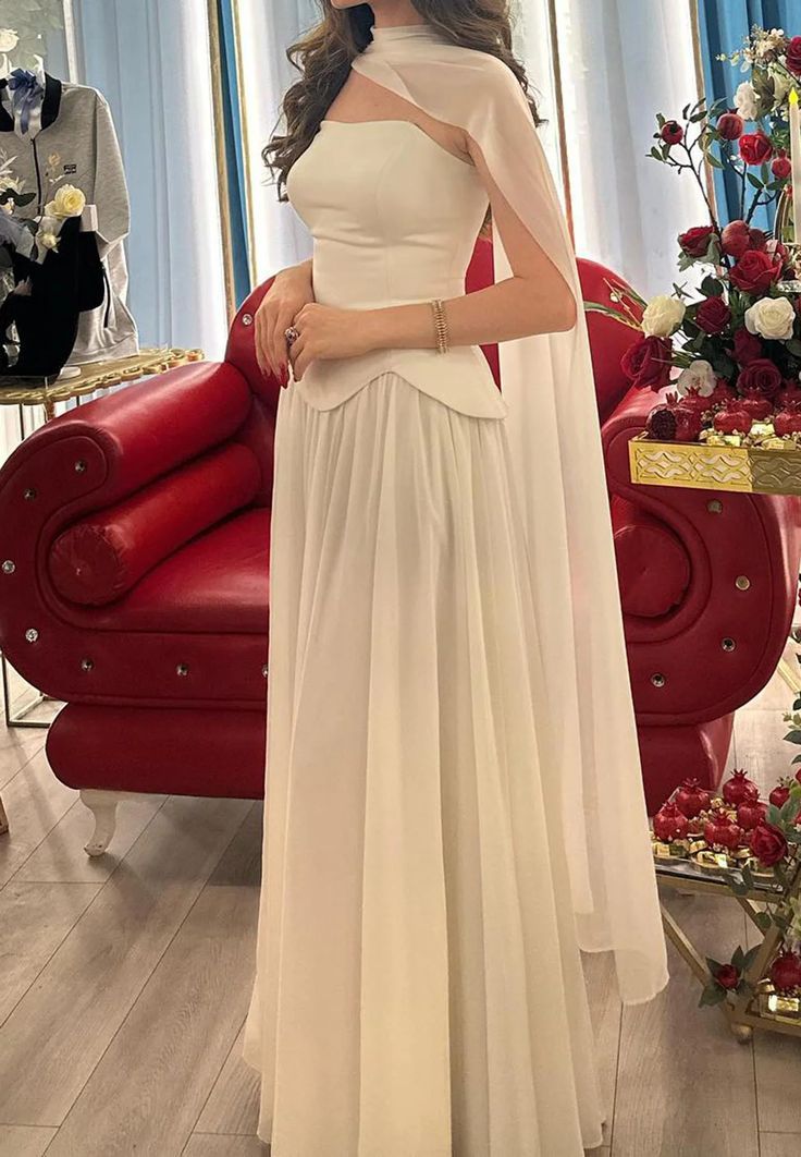 Elegant Strapless Sheath White Long Prom Dresses Sleeveless Chiffon White Evening Dresses with Shawl DP3854