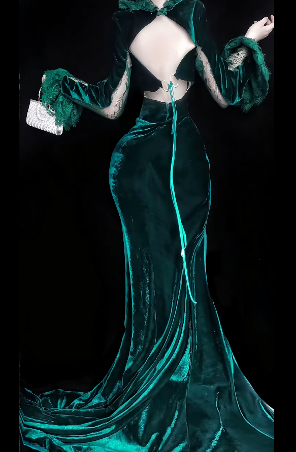 Sexy V-neck Mermaid Dark Green Long Prom Dresses Long Sleeve Velvet Dark Green Evening Dresses DP3855