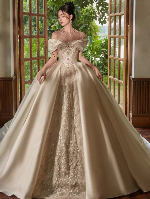 Princess Strapless Ball Gown Satin Long Wedding Dresses Beaded White Bridal Gowns Short Sleeve Bridal Dresses DP3868