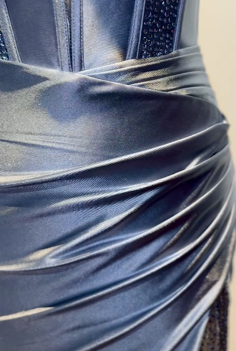 Elegant Strapless Sheath Grey Blue Long Prom Dresses Satin Grey Blue Evening Dresses DP3871