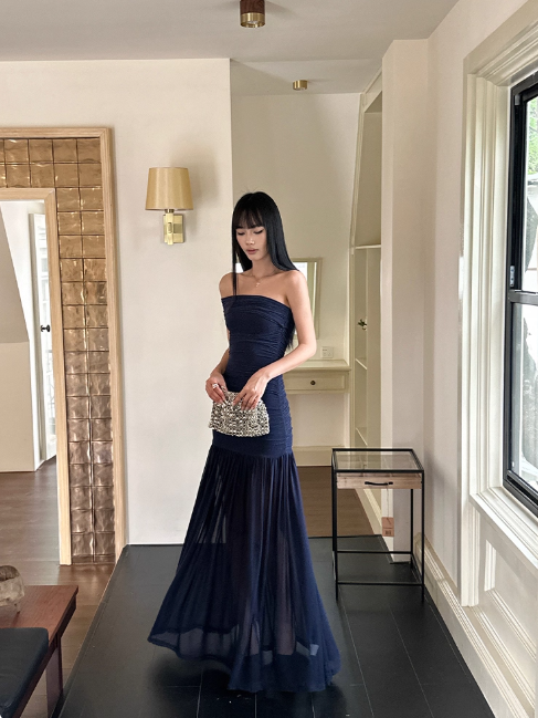 Elegant One Shoulder Sheath Navy Blue Long Prom Dresses Chiffon Navy Blue Evening Dresses DP3875