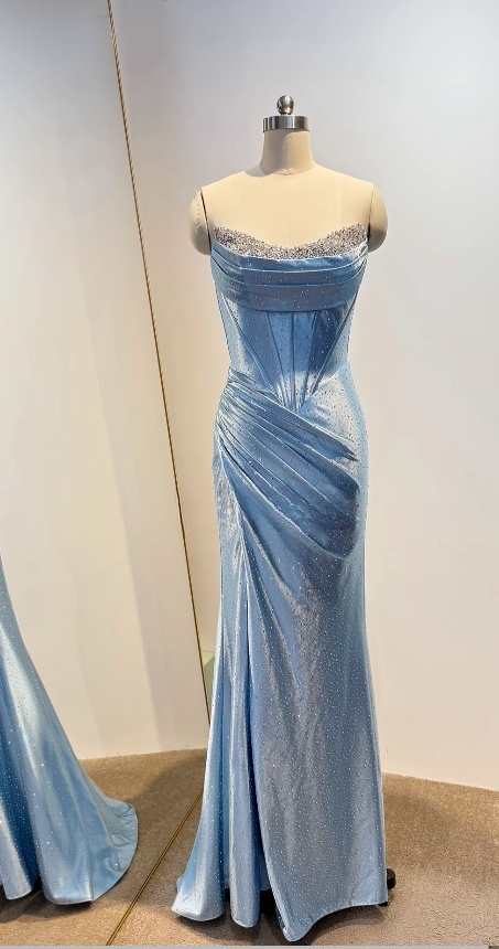 Chic Strapless Sheath Blue Long Prom Dresses Sleeveless Satin Blue Formal Dresses DP3882