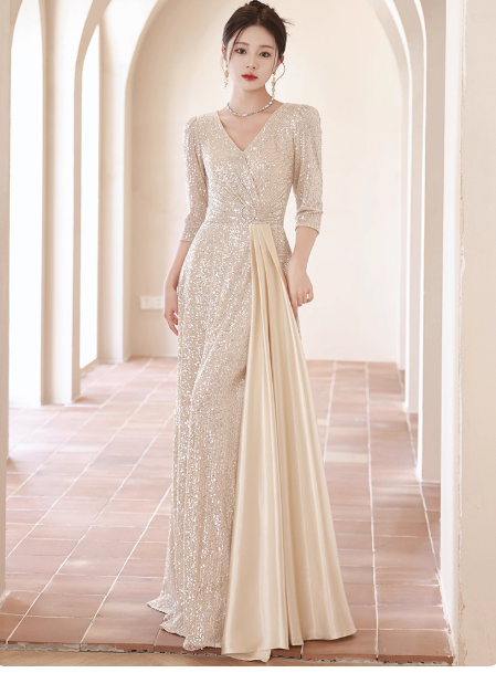 Elegant V-neck Mermaid Champagne Mother of the Bride Dresses Long Sleeve Champagne Evening Dresses DP3888