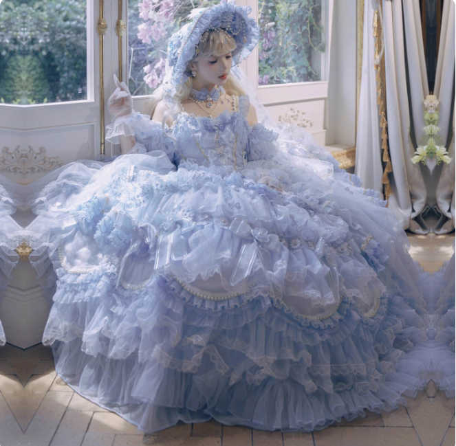 Cute Strap Ball Gown Lace Tulle Blue Birthday Dresses Blue Lolita Dresses DP3903