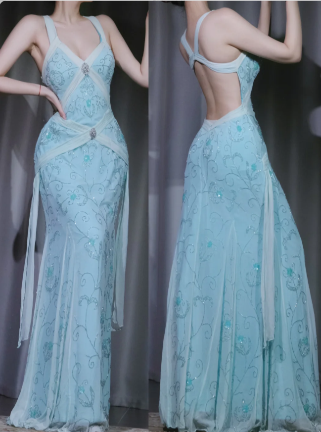 Vintage Sheath Tiffany Blue Long Prom Dresses Chiffon Beaded Tiffany Blue Evening Dresses DP3921