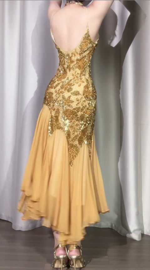 Vintage Sheath Gold Long Prom Dresses Chiffon Beaded Gold Evening Dresses DP3922