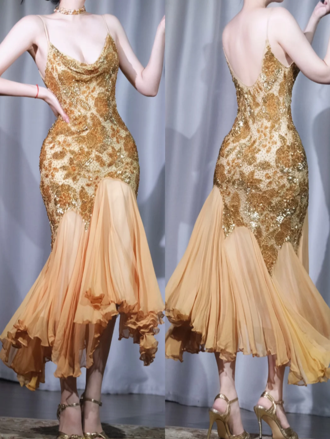 Vintage Sheath Gold Long Prom Dresses Chiffon Beaded Gold Evening Dresses DP3922