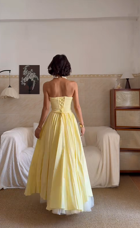 Cute A-Line Yellow Long Prom Dresses Satin Sleeveless Sweetheart Yellow Birthday Dresses DP3930