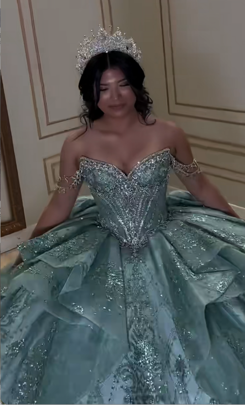 Cute Off-the-shoulder Green Long Prom Dresses Sparkly Tulle Applique Green Quinceanera Dresses Sweet 16 Dresses DP3943