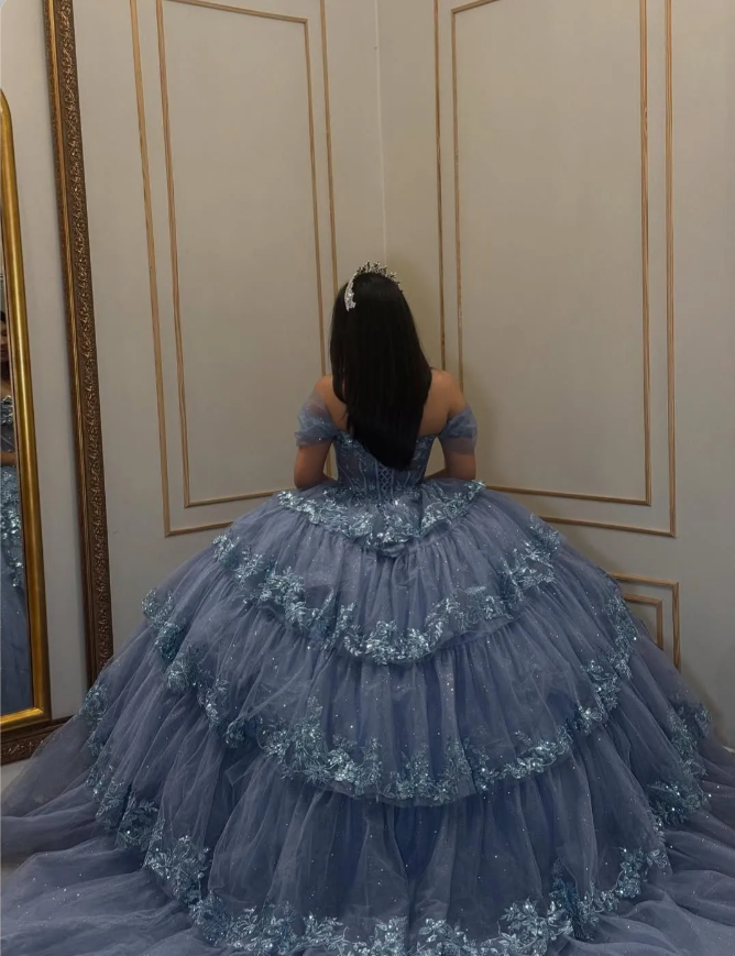 Fairy Off-Shoulder Blue Long Prom Dresses; Sparkly Tulle Appliqué Blue Quinceanera Dresses Sweet 16 Dresses DP3944