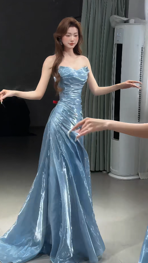 Fairy Strapless Sheath White Long Prom Dresses Tulle Sleeveless Blue Evening Dresses DP3952