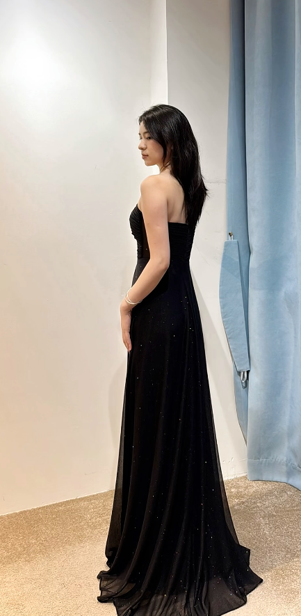 Elegant Sheath Black Long Prom Dresses Sparkly Chiffon Strapless Black Evening Dresses DP3959