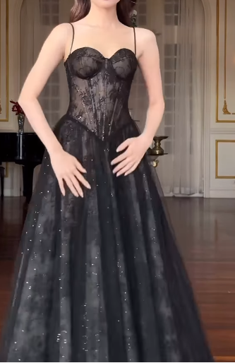 Elegant A-Line Black Long Prom Dresses; Lace Black Birthday Dresses DP3972